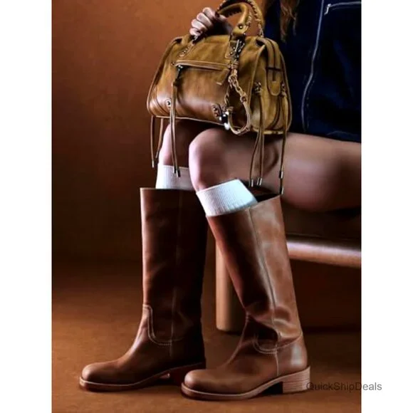 Women's Knee High Boots Square Toe Chunky Heel Comfortable Low Heel Shoes - Picture 2 of 7